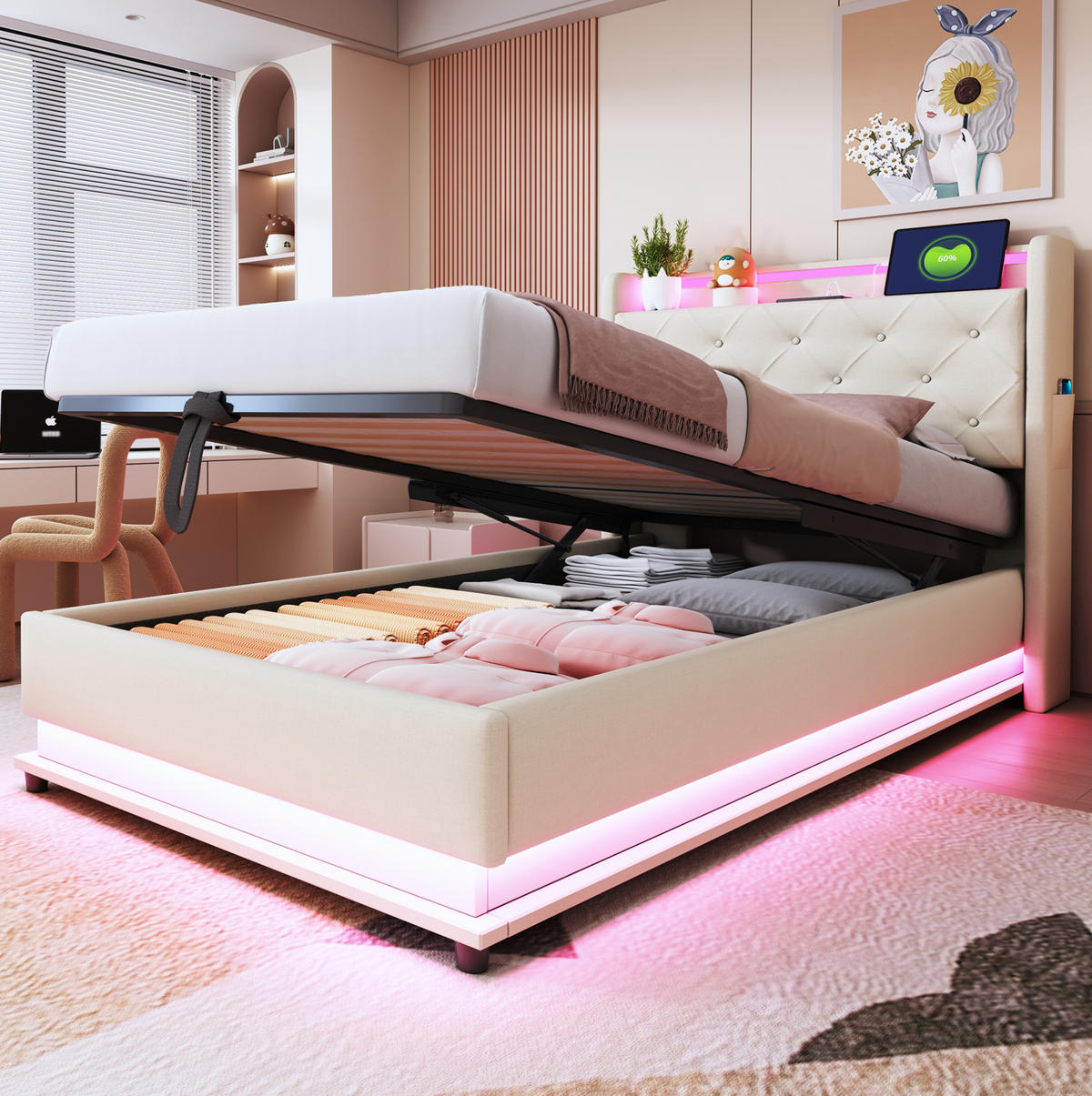 KINDERBETT 90/200 cm mit LED-Beleuchtung, USB und hydraulischem Stauraum, Beige - Beige, Textil (90/200cm) - Redom