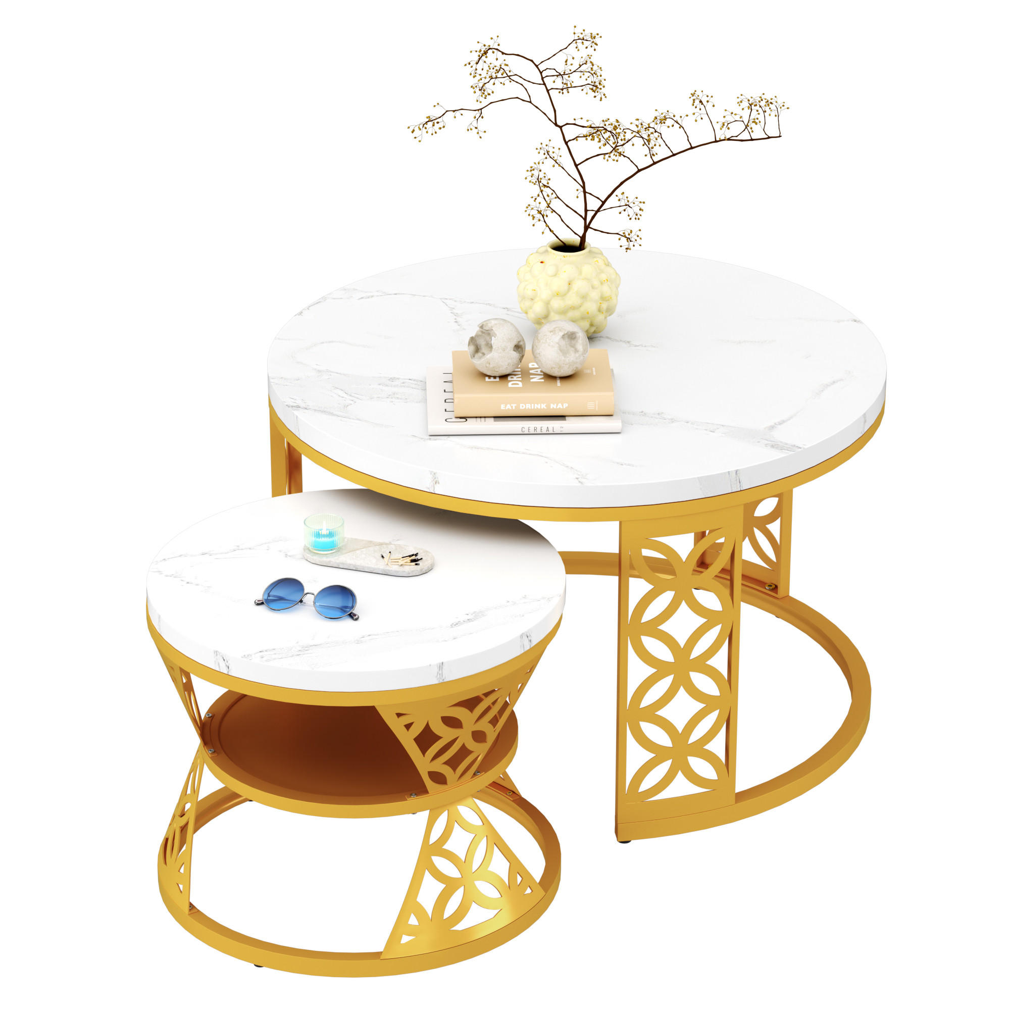 COUCHTISCH-SET mit Marmoreffekt und Metallrahmen Basis, Stapelbarer Beistelltisch Set 70/70/45 cm + 45/45/37 cm, Weiß und Gold - Goldfarben/Weiß, Holzwerkstoff (70/70/45cm) - Redom