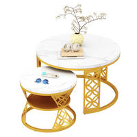 COUCHTISCH-SET mit Marmoreffekt und Metallrahmen Basis, Stapelbarer Beistelltisch Set 70/70/45 cm + 45/45/37 cm, Weiß und Gold - Goldfarben/Weiß, Holzwerkstoff (70/70/45cm) - Redom
