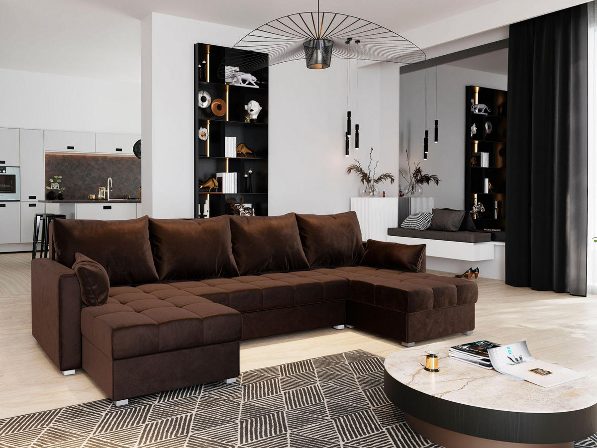 WOHNLANDSCHAFT NAKO Braun Plüsch-Stoff mit Schlaffunktion - Braun, Holz (285/85/140cm) - MASSENO