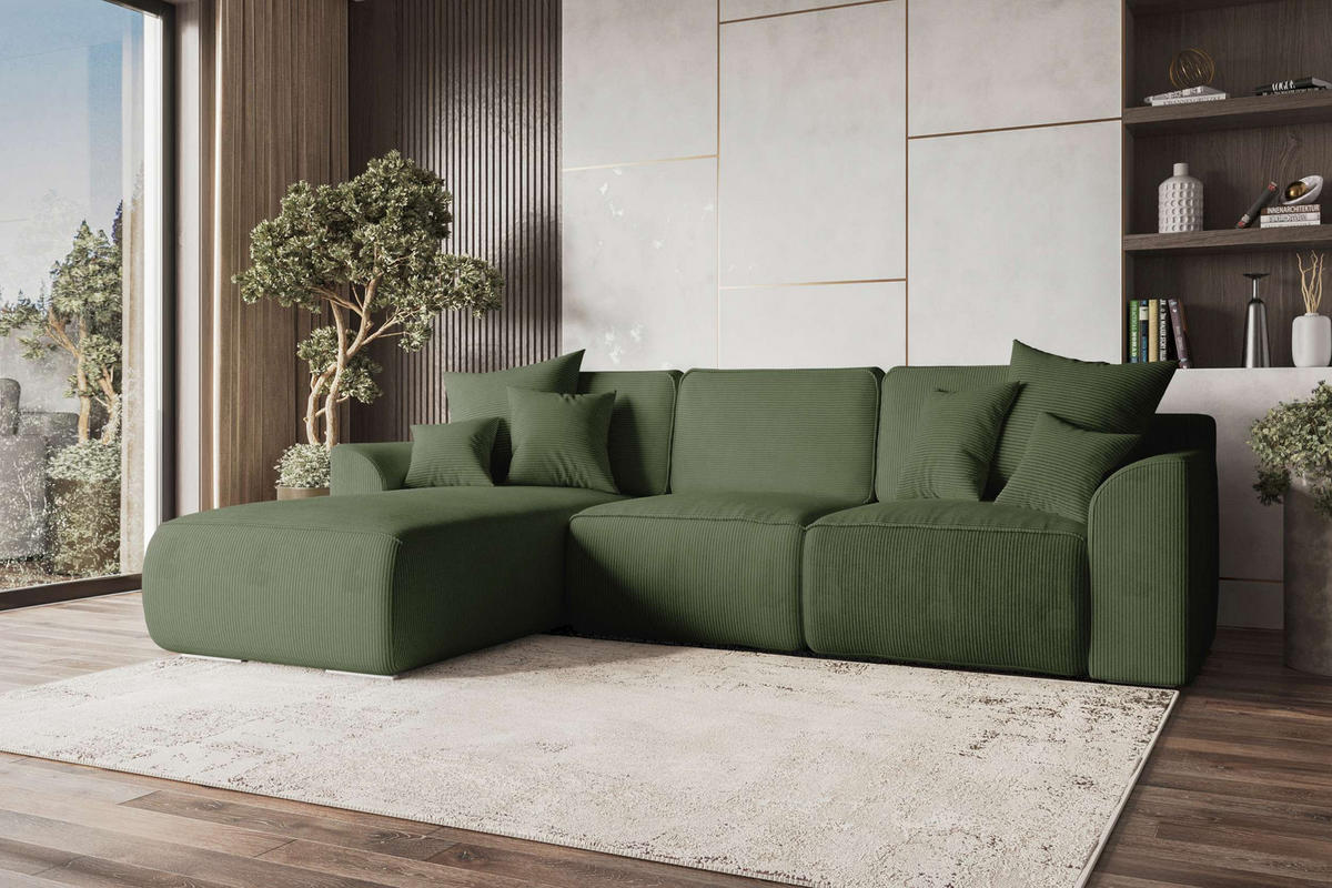 ECKSOFA GUSTO Cordstoff Olivgrün Links inkl. Schlaffunktion - Chromfarben/Olivgrün, Kunststoff/Textil (295/194cm) - 99rooms