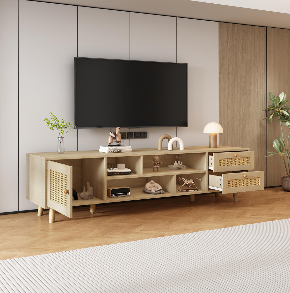 TV-LOWBOARD 160/39/40,5 cm mit 2 Schubladen und Kabeldurchlass - Naturfarben, Holzwerkstoff (160/40/39cm) - BEAOK