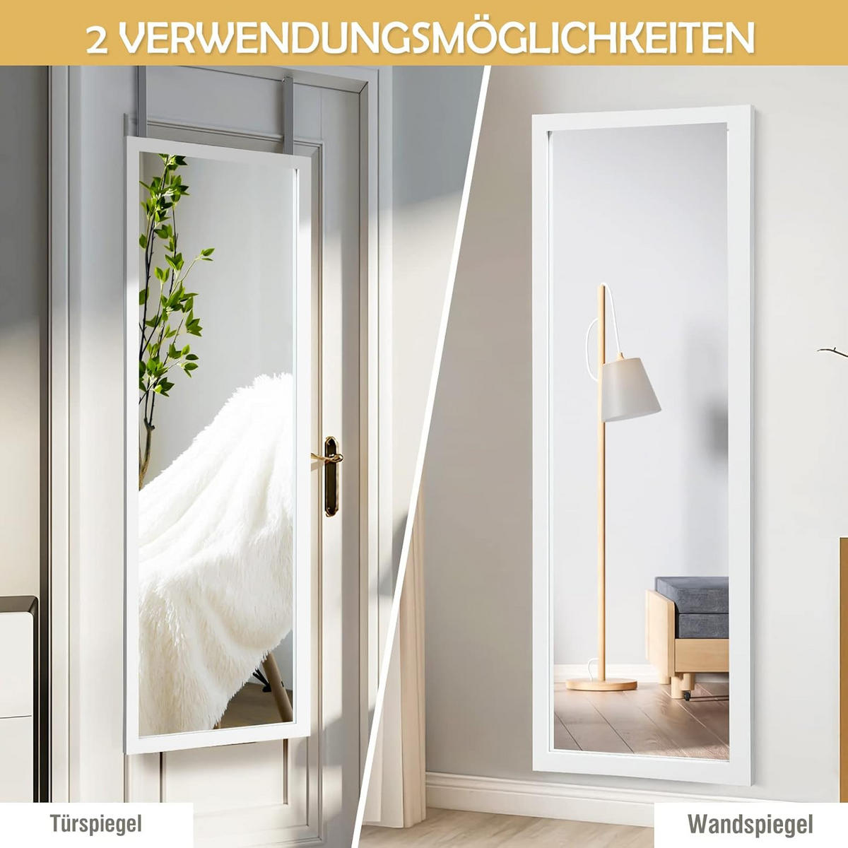 WANDSPIEGEL Türspiegel Weiß - Weiß, Glas (120/37/2cm) - COSTWAY