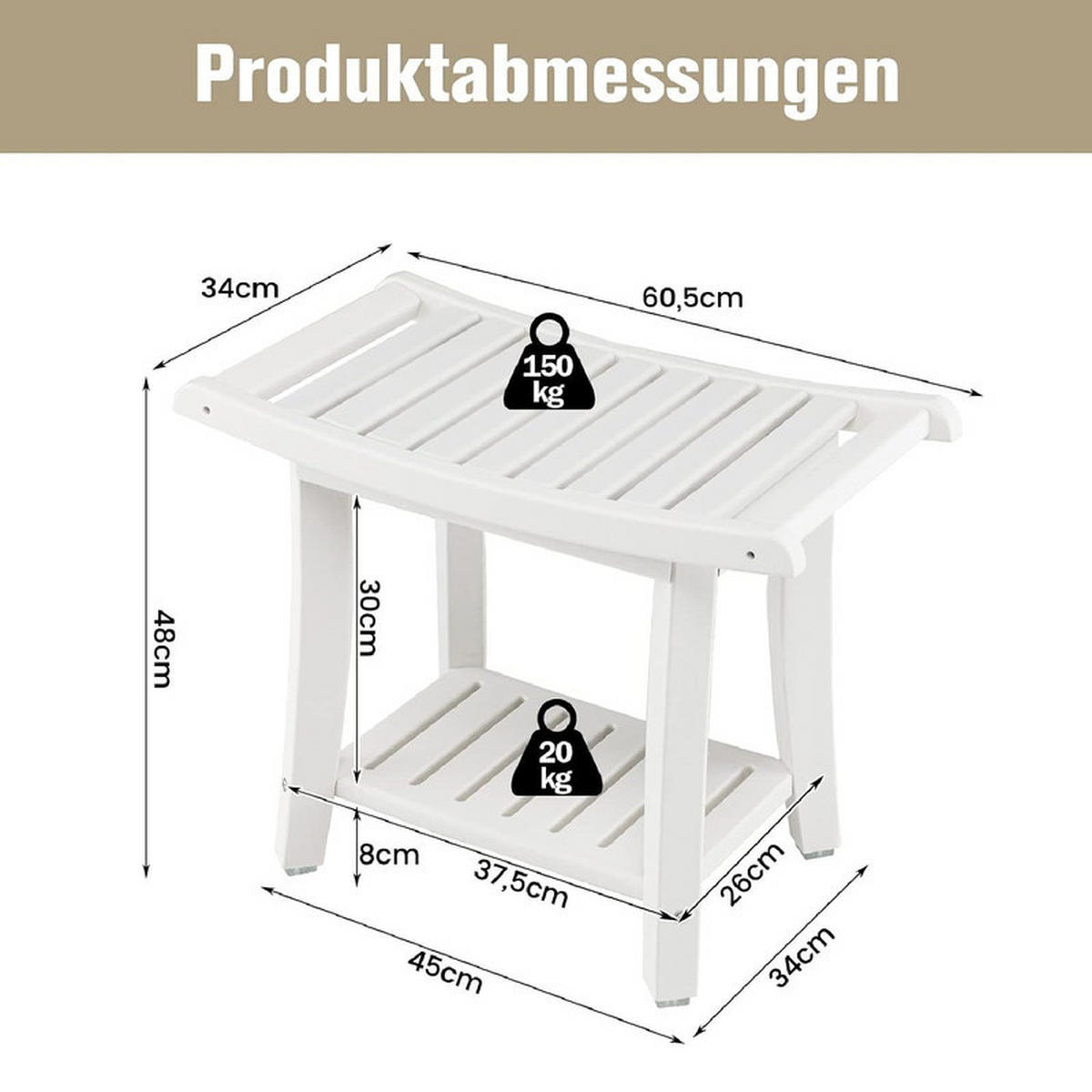 DUSCHBANK mit Ablage weiß - Weiß, Kunststoff (60.5/48/34cm) - COSTWAY