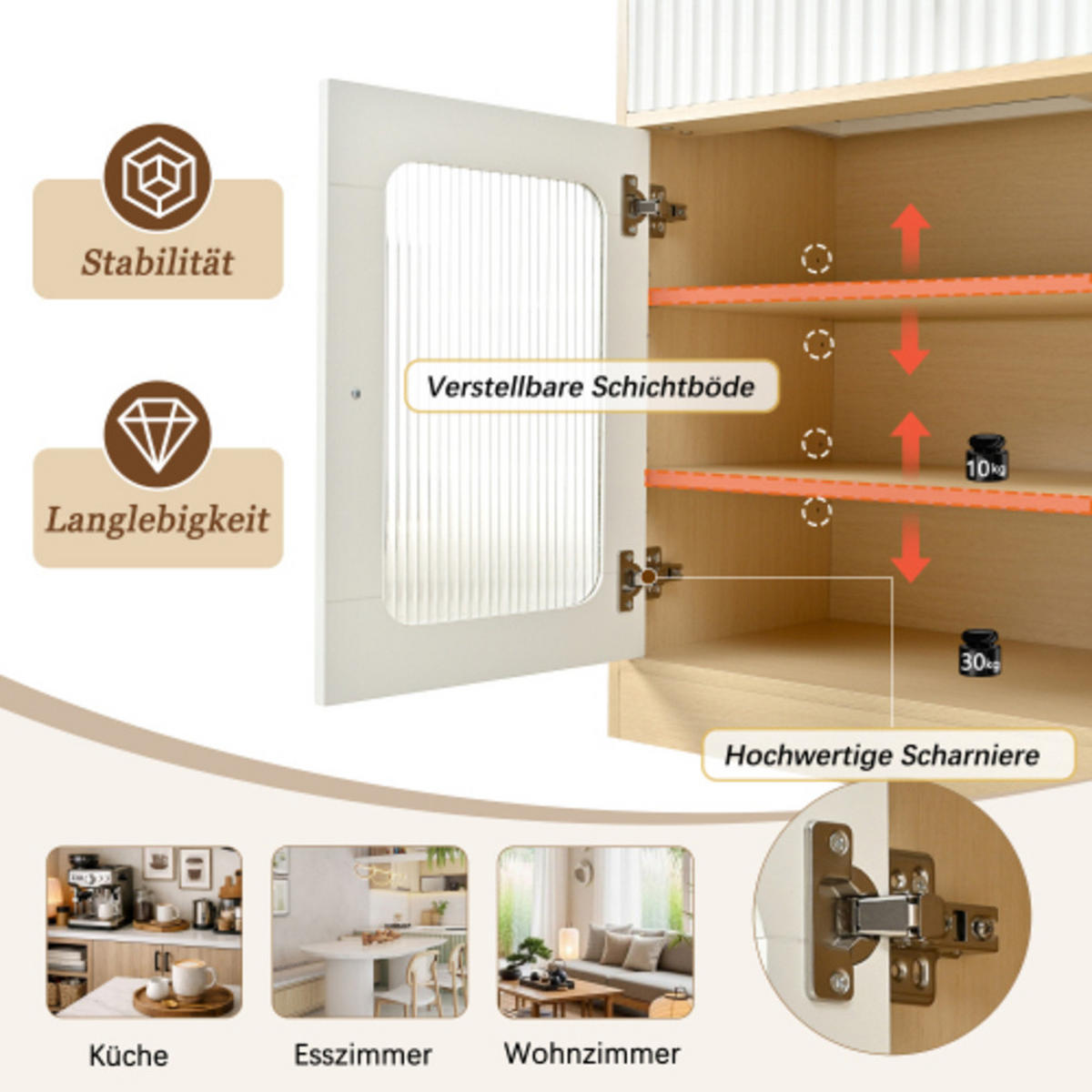 HIGHBOARD mit Riffelglas & LED-Beleuchtung, weiß-natur 80×40×180 cm aus MDF und Spanplatte - Weiß, Holzwerkstoff (80/180/40cm) - Luhomfu