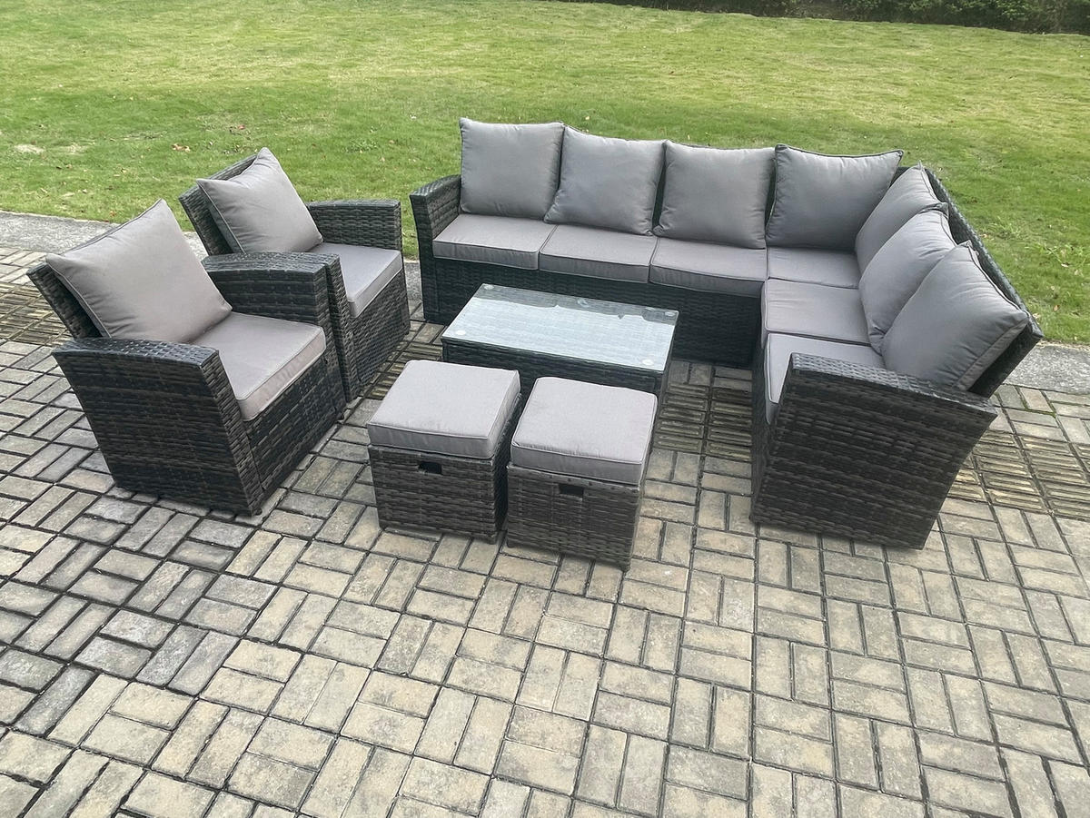 LOUNGEMÖBEL-SETS mit Couchtisch Sofa Polyrattan Dunkelgrau 10-Sitzer - Dunkelgrau/Grau, Glas/Kunststoff - Fimous