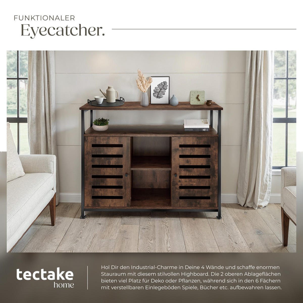 SIDEBOARD Warrington,mit höhenverstellbaren Kunststofffüßen, 100 x 37 x 82 cm,Industrial Holz dunkel, rustikal - Rostfarben, Holzwerkstoff (37/82/100cm) - tectake