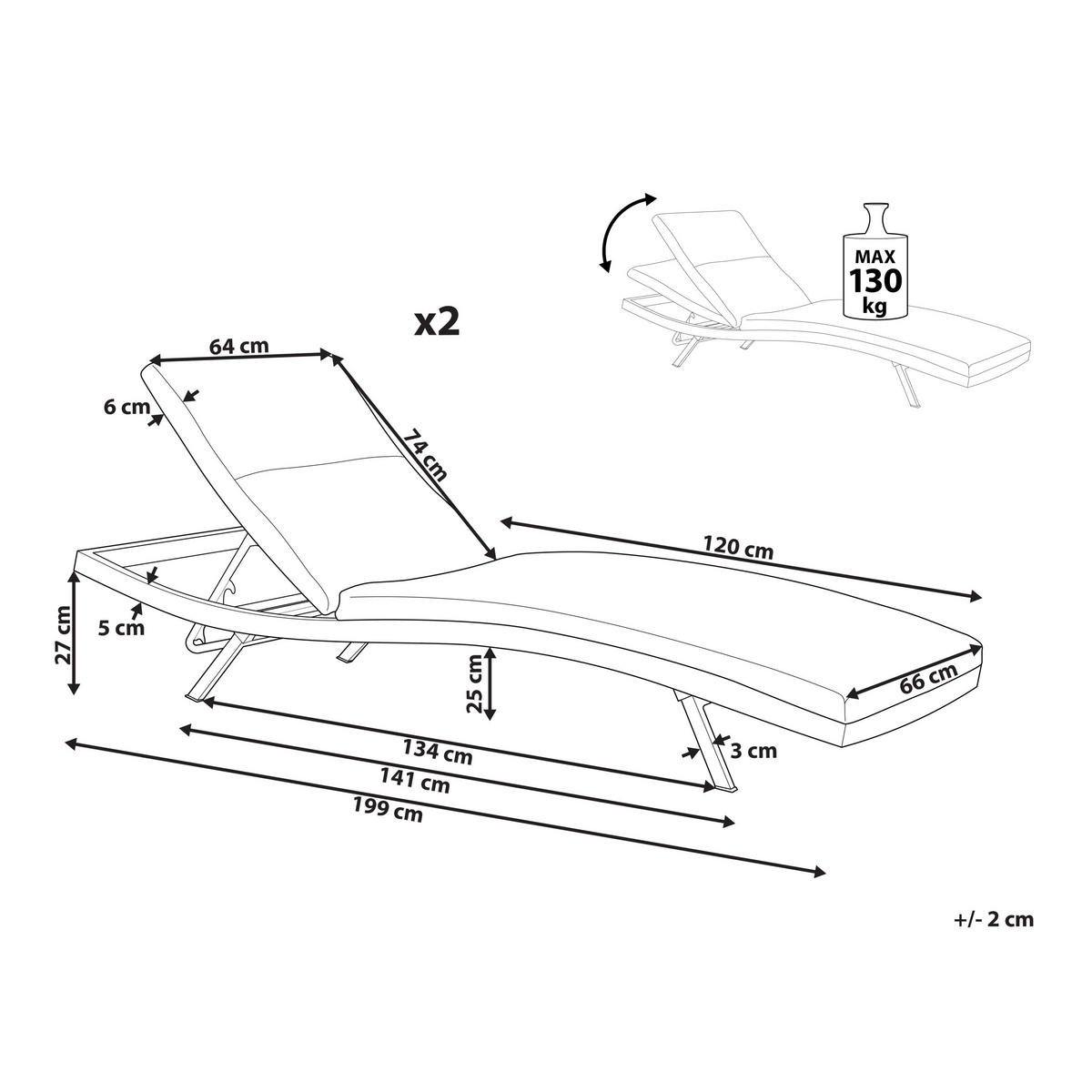 GARTENLIEGE 2er Set Grau Amelia - Weiß/Grau, Textil (66/91/199cm) - Beliani