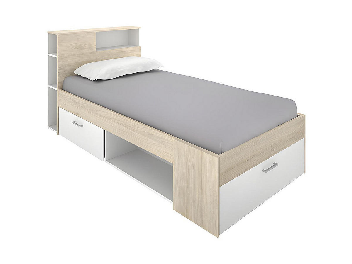 BETT mit Kopfteil, Stauraum & Schublade + Lattenrost - 90 x 190 cm - Weiß und Holzfarben - LEANDRE - Naturfarben, Holz (90/190cm) - Vente-Unique