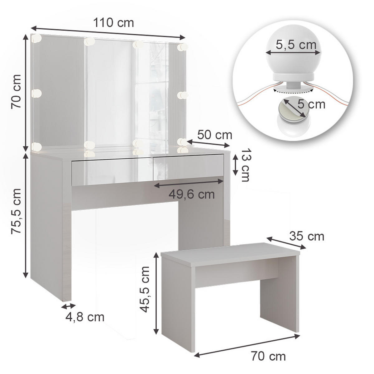 SCHMINKTISCH Annabelle Weiß Hochglanz/Weiß 110 cm mit LED-Beleuchtung und Bank - Weiß Hochglanz/Weiß, Holzwerkstoff (110/75.5/50cm) - Vicco