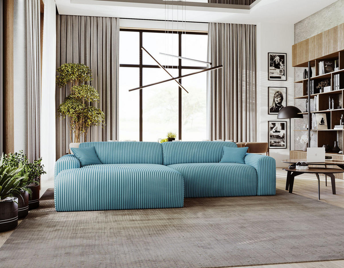 ECKSOFA mit Longchair - Cord - Türkis/Schwarz, Kunststoff/Textil (284/178cm) - home24