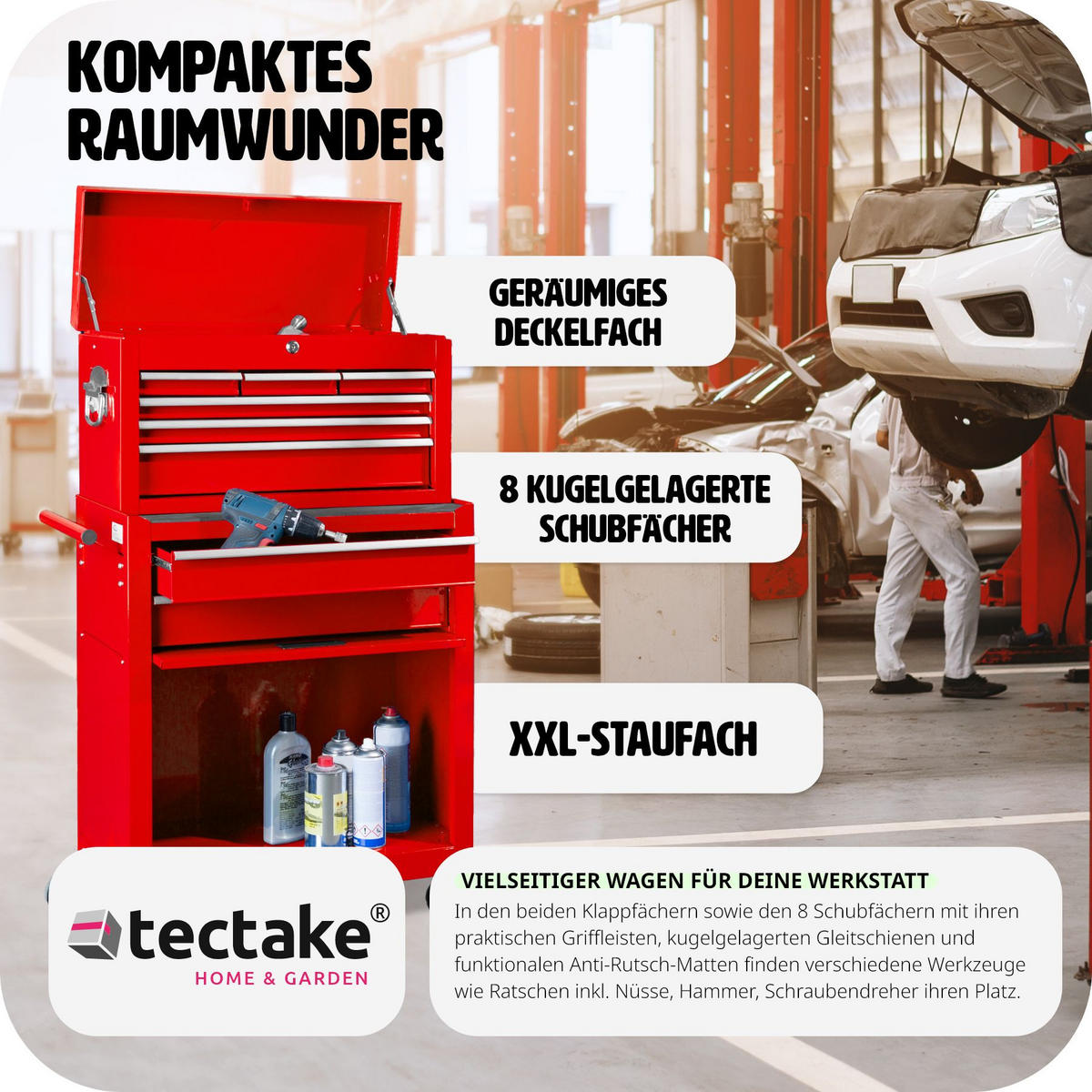 WERKZEUGWAGEN ,Rollen Ø 100 mm,rot - Rot, Metall (33/110/69cm) - tectake