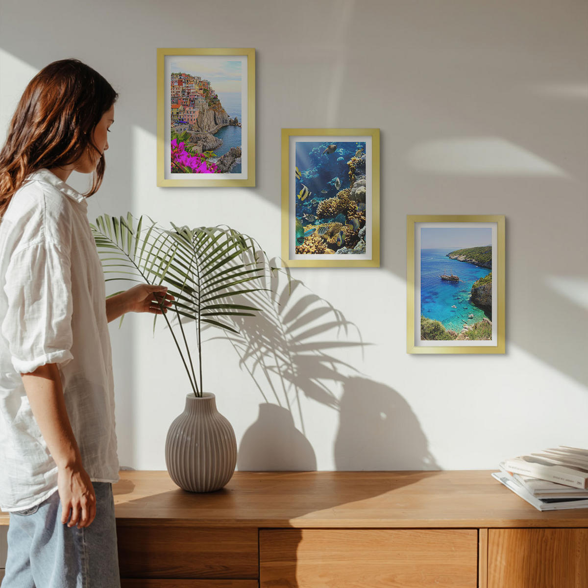 WANDBILDER 3er Set - 20x30 cm Goldrahmen - Meerblick, farbenfrohe Häuser - Goldfarben, Kunststoff (20/30cm) - ArtPrintCave
