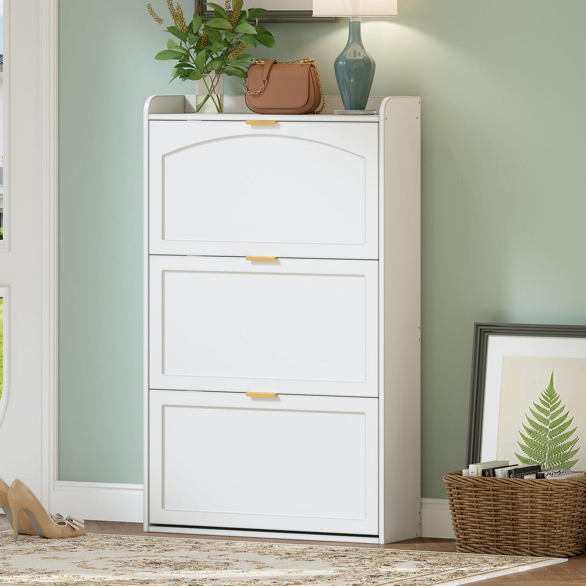 SCHUHSCHRANK Schmal 3 Klappen Weiß 76x23x118cm - Weiß, Holzwerkstoff (23/118/76cm) - FLIEKS