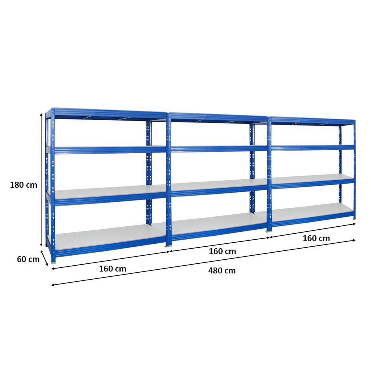 SCHWERLASTREGAL Rhino 3er-Set mit 3x 180x160x60 cm 4 Melamin-Ebenen 16mm Fachlast 500 kg Blau - Blau, Metall (480/180/60cm) - PROREGAL