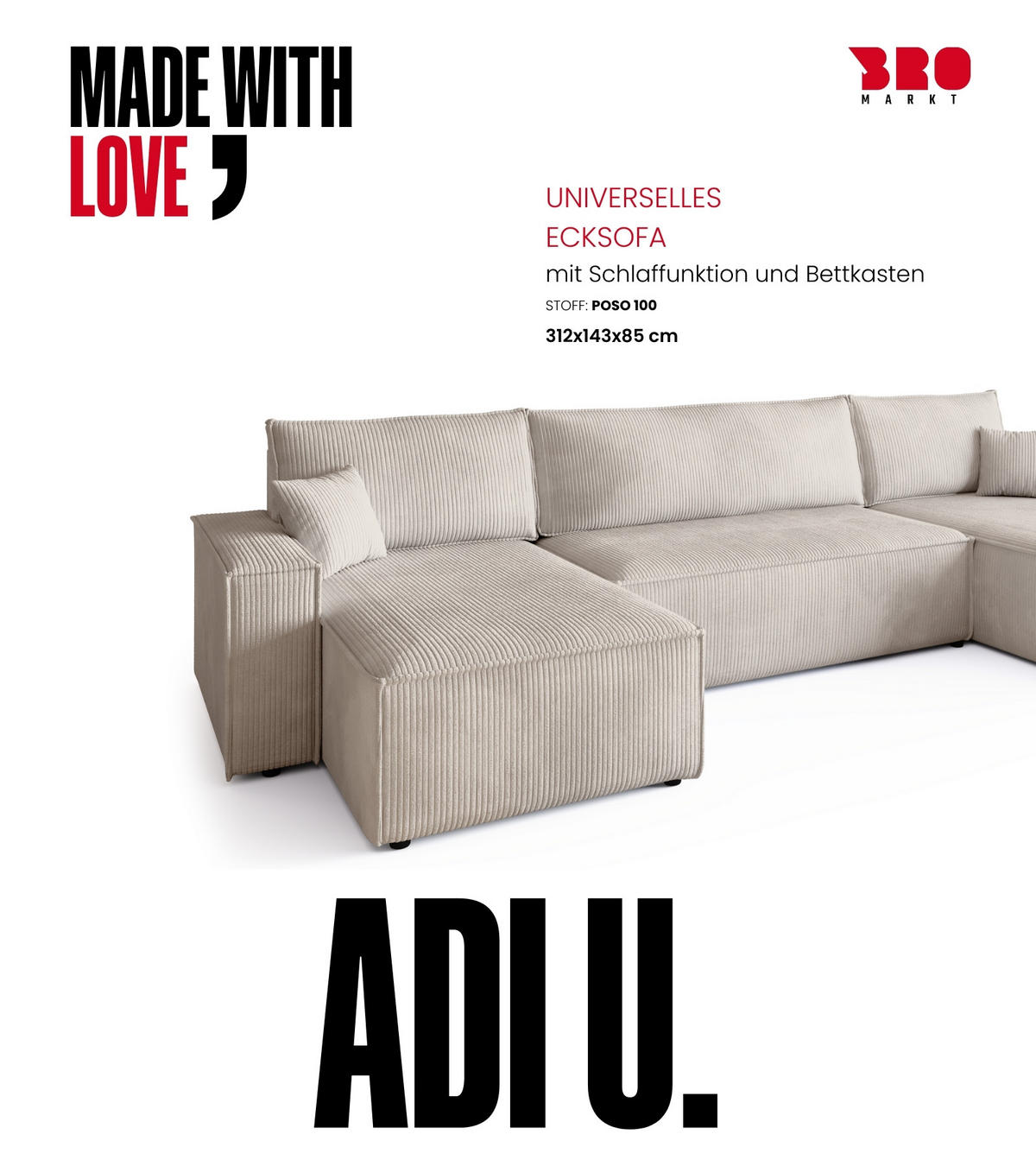 WOHNLANDSCHAFT ADI U mit Schlaffunktion Cordstoff Creme - Creme, Textil (312/85/143cm) - Bromarkt