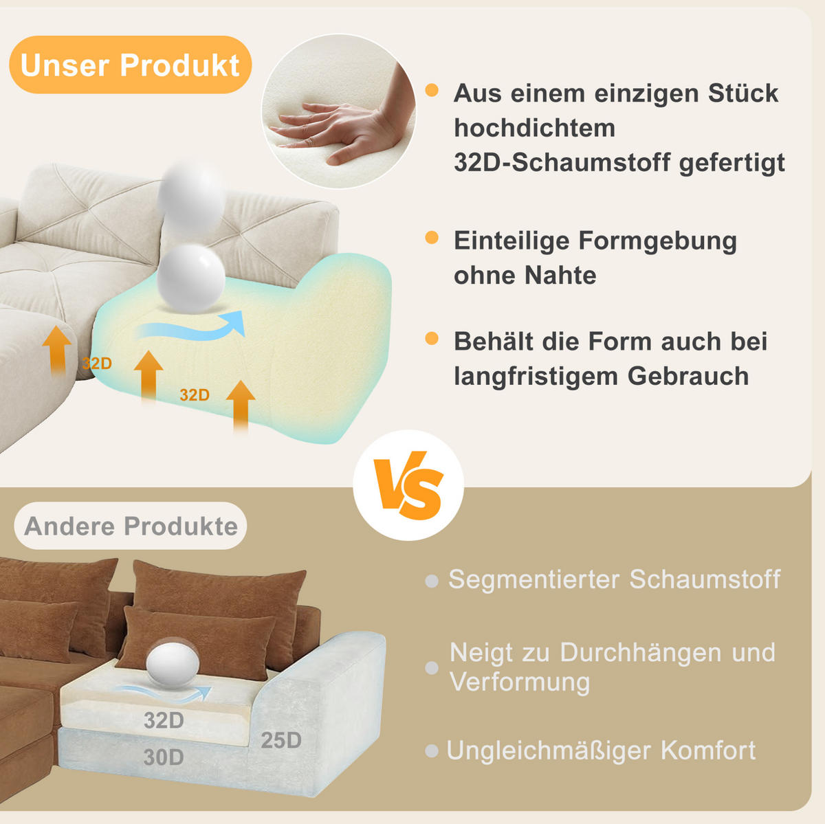 SOFA in Hellbeige aus Chenille mit rahmenlosem Design und hoher Belastbarkeit - Beige, Textil (95/76/281cm) - Flora Grace
