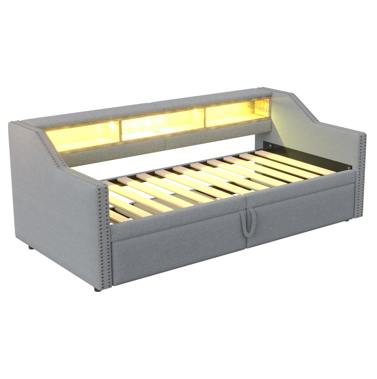 POLSTERBETT Ausziehbares Schlafsofa 90/200 cm mit LED-Licht und USB-Anschluss - Hellgrau, Textil (90/200cm) - OKWISH