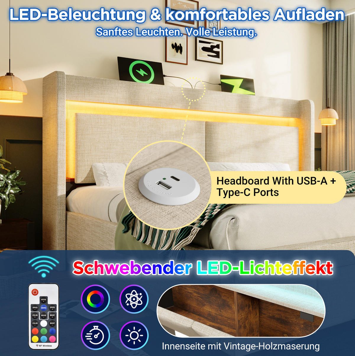 POLSTERBETT 140/200 cm Beige aus Leinen mit LED und Stauraum - Beige, Textil (140/200cm) - OKMYHOME
