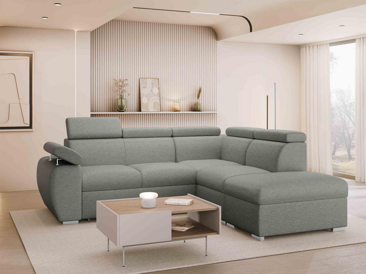 ECKSOFA Boston 2RR1P, Seite: Rechts 2R+R+1P(65)+PUFAP - Greige/Silberfarben, Holz/Textil (260/230cm) - MIRJAN24