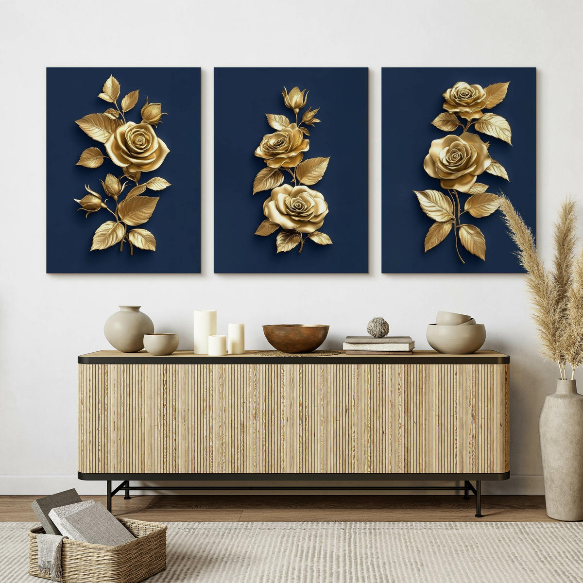 LEINWANDBILDER 3-es Set Rosen Blumen 3D - Blau, Textil (90/40cm) - Muralo