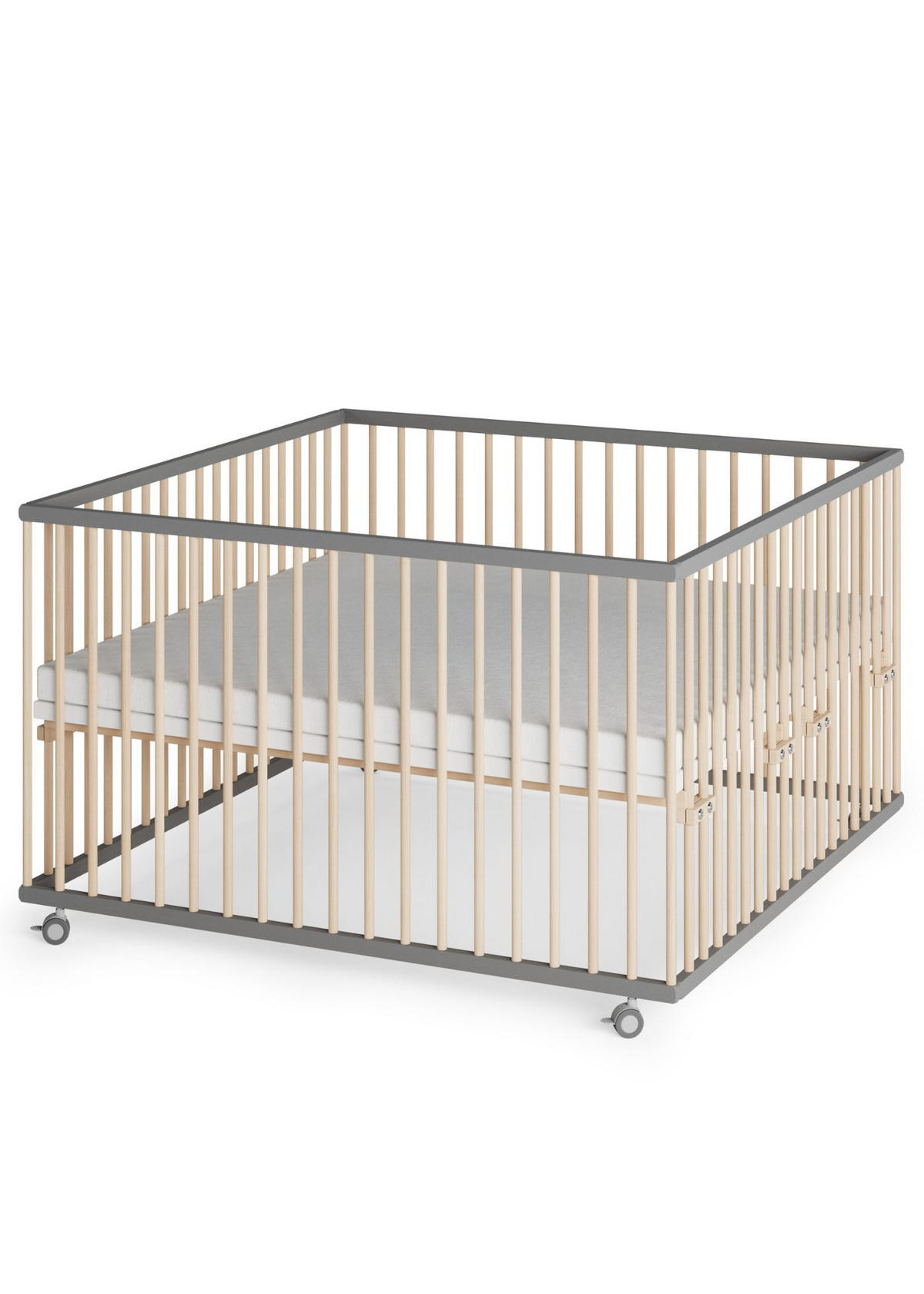 LAUFGITTER XXL 120x120 cm mit Matratze SleepPlus & Schlupfsprossen - grau/natur - Premium Kollektion - Naturfarben/Grau, Holz (120/74/120cm) - Sämann – make a difference.