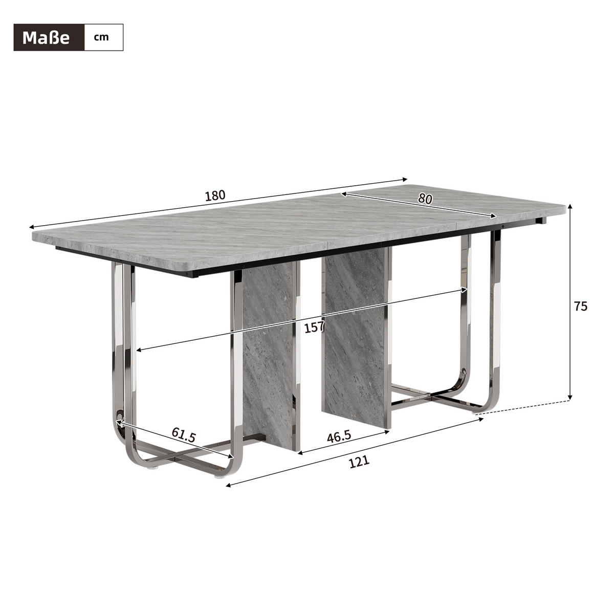 ESSTISCH 180/80/75 cm in Grau mit Metallbeinen für 6 bis 8 Personen - Grau, Holzwerkstoff (180/80/75cm) - Flora Grace