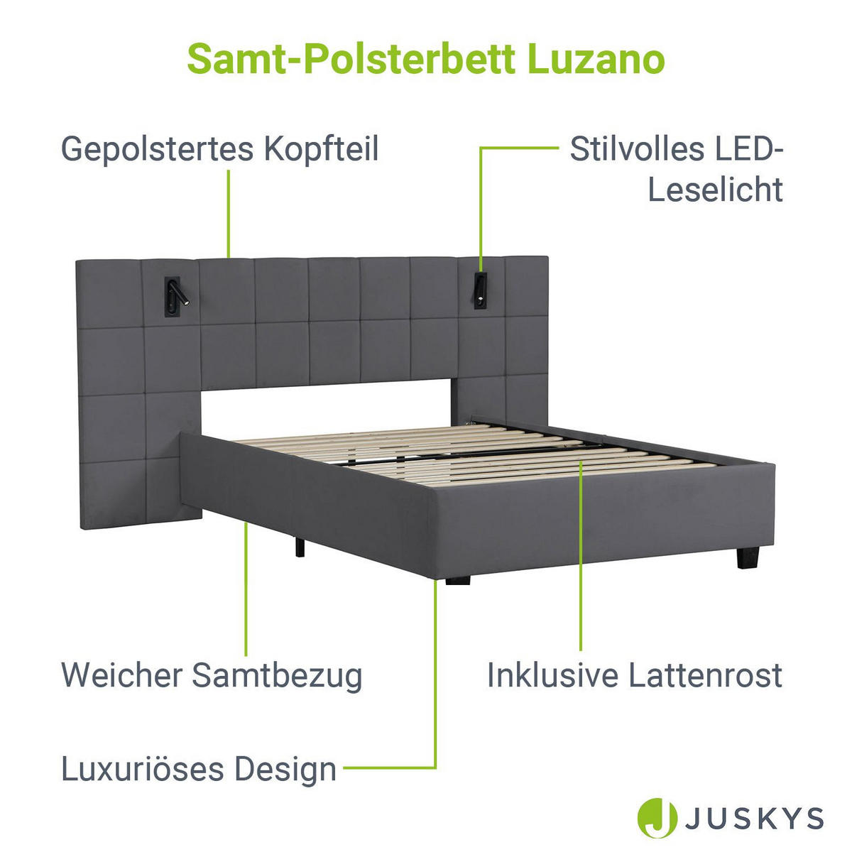 POLSTERBETT Luzano Dunkelgrau Samt mit Leselicht und Matratze - Dunkelgrau, Holz (140/200cm) - Juskys