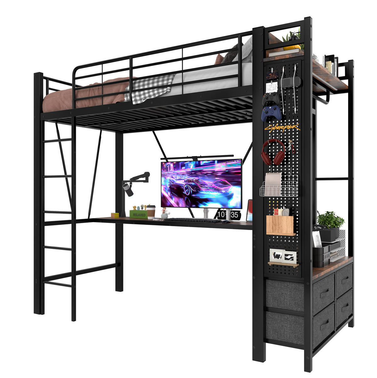 HOCHBETT 90/200 cm aus Metall mit Schreibtisch, LED, USB-C, 4 Schubladen und Regalen, Schwarz - Schwarz, Metall (90/200cm) - Redom