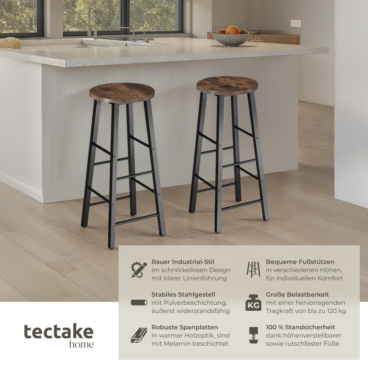 BARHOCKER 2er Set Keynes,Sitzhöhe 72,5 cm,Industrial Holz dunkel - Rostfarben, Holzwerkstoff (31/72.5/31cm) - tectake