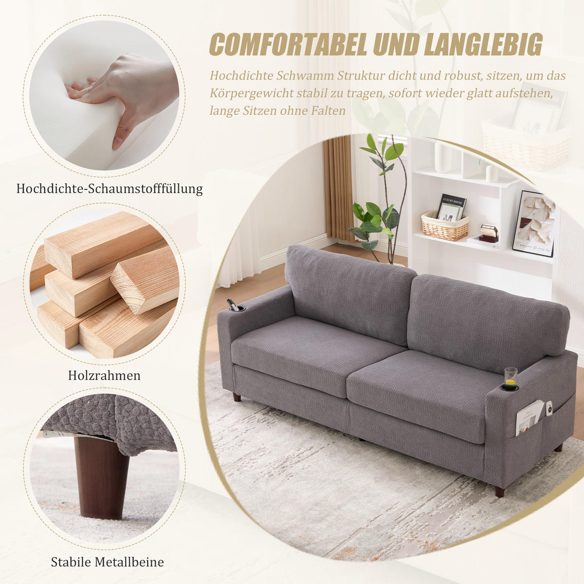 2-SITZER SOFA Chenille Hellgrau mit USB-C, LED, Getränkehaltern und Seitentaschen - Hellgrau, Holzwerkstoff/Textil (203/86/77.5cm) - WISHDOR