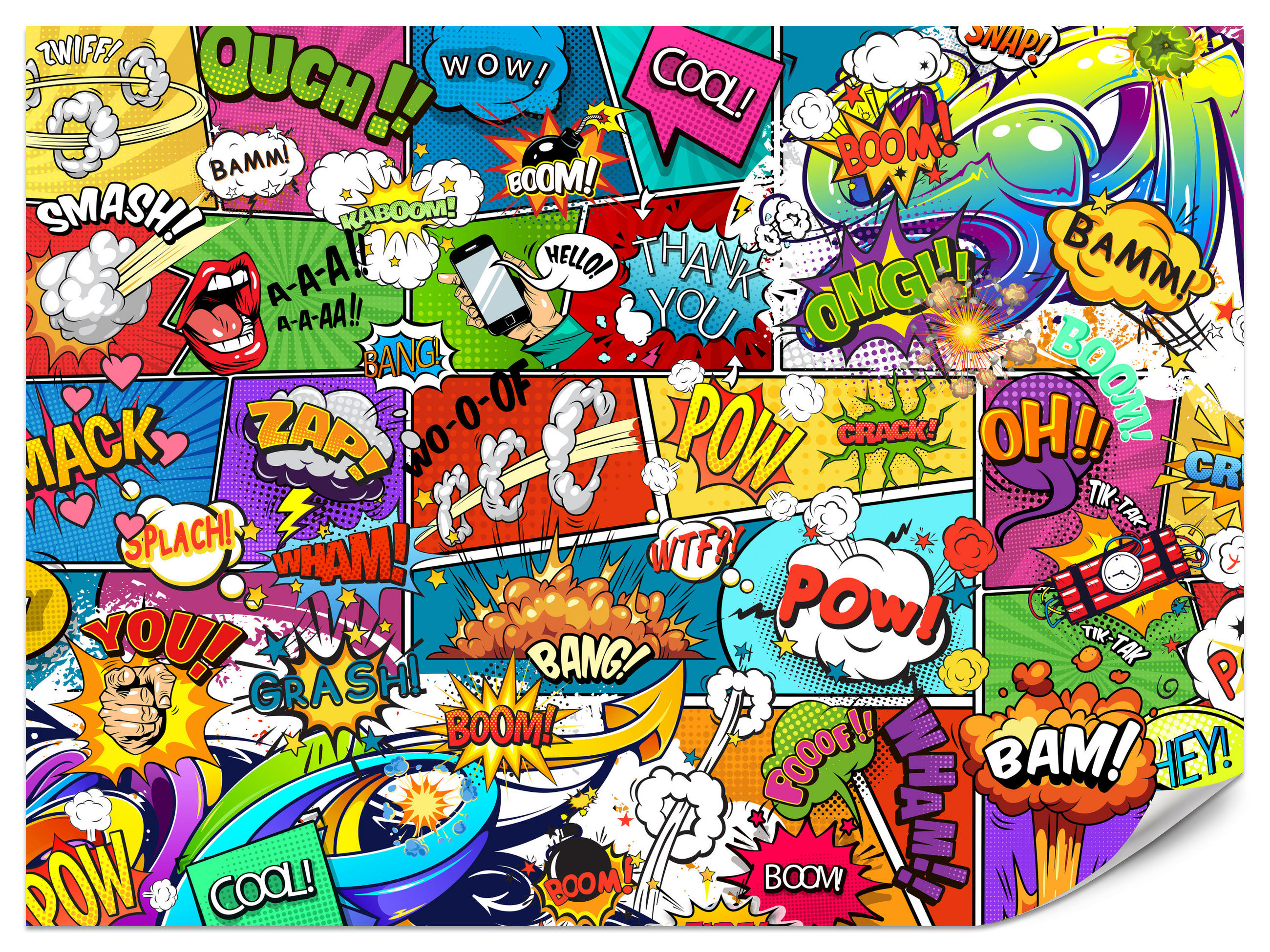 FOTOTAPETA Pre Študentskú Izbu Komiks Farebné Texty Dym Pery 300 x 210 cm - lila/oranžová, papier (300/210cm) - Muralo