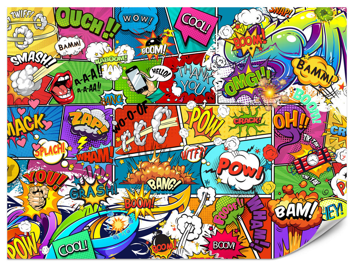 FOTOTAPETA Pre Študentskú Izbu Komiks Farebné Texty Dym Pery 300 x 210 cm - lila/oranžová, papier (300/210cm) - Muralo