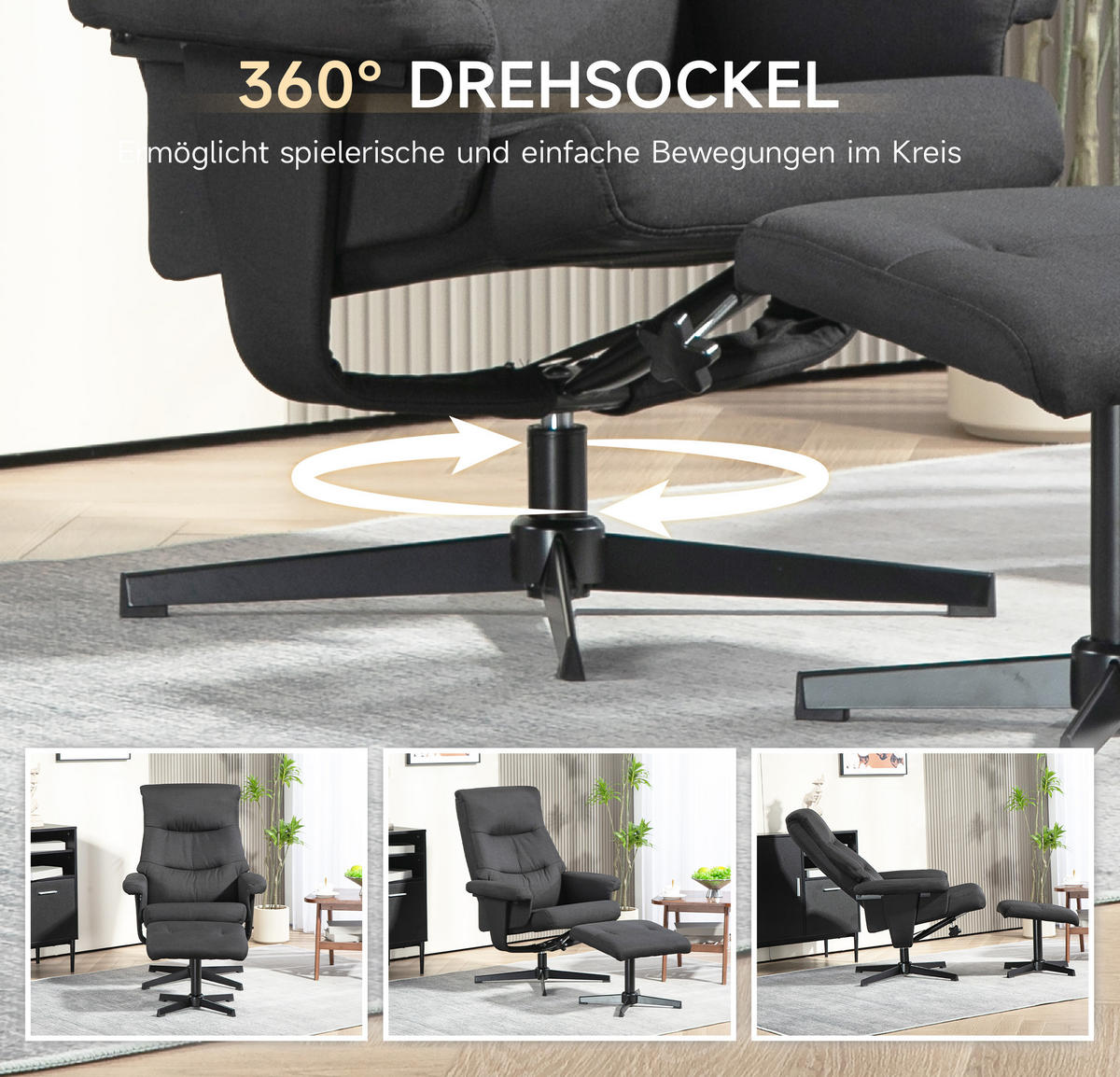 RELAXSESSEL mit Hocker, Gepolstert Fernsehsessel mit Liegefunktion, Schwarz - Schwarz, Textil/Metall (81/102/74cm) - HOMCOM