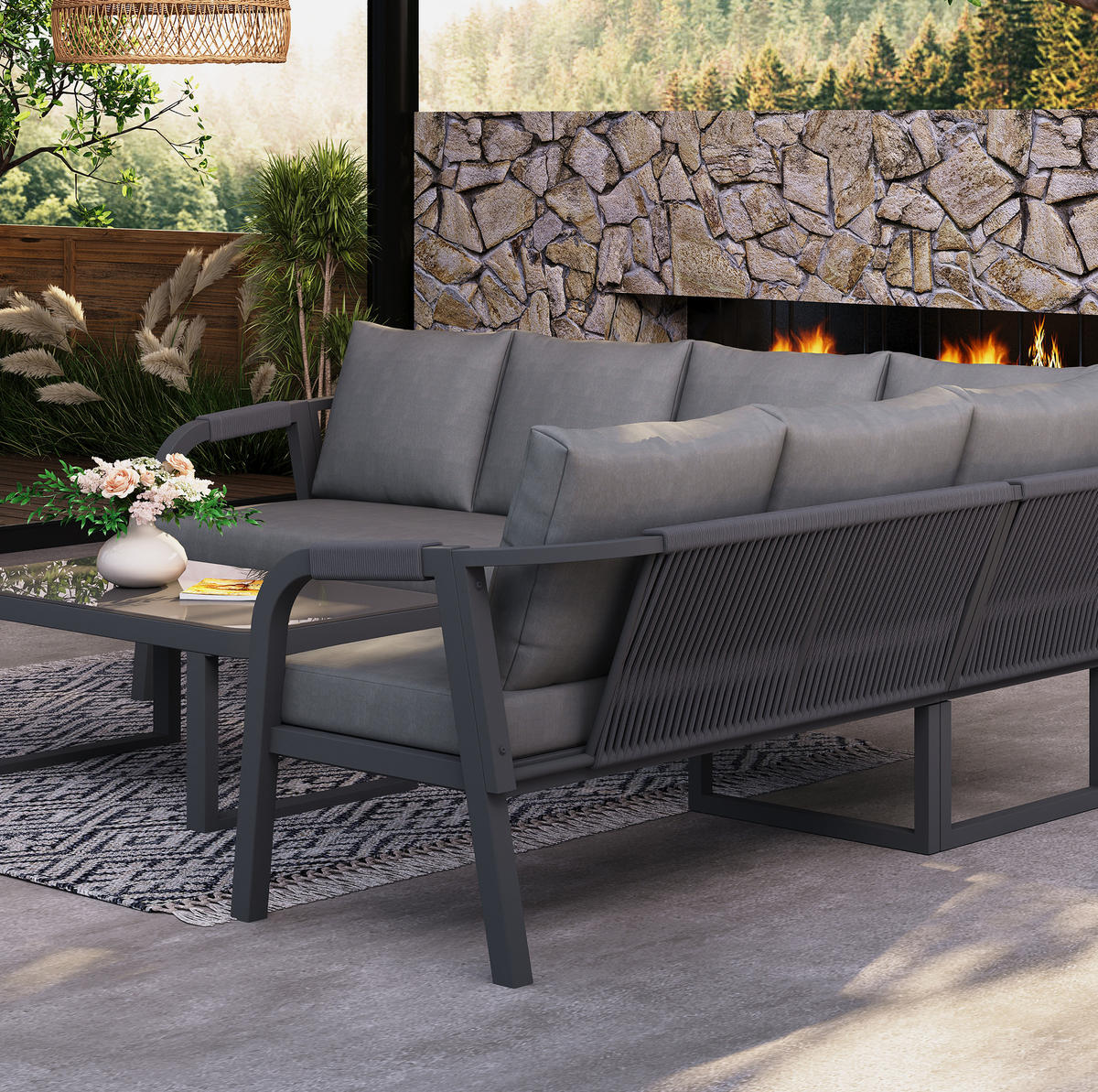 GARTENMÖBEL-SET 240/183/83 cm grau aus Stahl und Polyester für bis zu 6 Personen - Grau, Metall - OKWISH