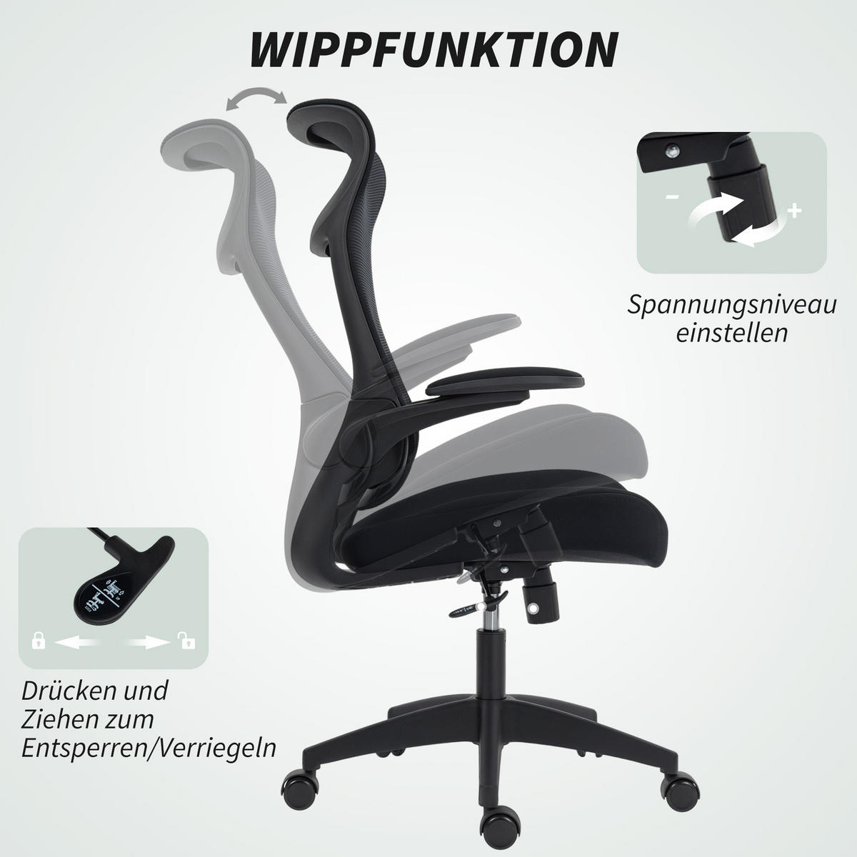ERGONOMISCHER Bürostuhl mit 3D-Armlehnen, Netzstoffrücken, S-förmige Rückenlehne, Kopfstütze, Kippfunktion, Schwarz - Schwarz, Textil (64/118/65cm)