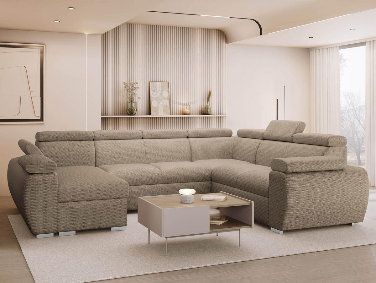 WOHNLANDSCHAFT Boston U, Seite: Links - LC+2P+R+2R - Chromfarben/Beige, Holz/Textil (325/98/260cm) - MIRJAN24