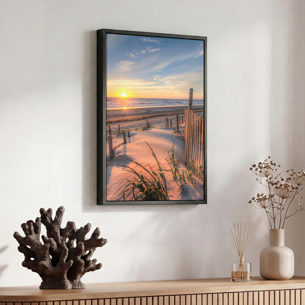 LEINWAND Bilder mit Rahmen - Strand - Meer - Düne - Sonnenuntergang - Landschaft - 30x40 - Beige, Textil (30/40cm) - MuchoWow