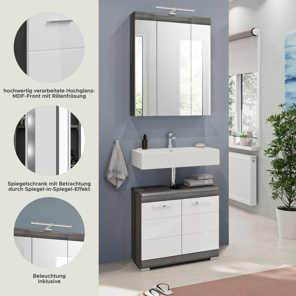 BADKOMBINATION 2tlg. Scout Bad in Rauchsilber Nachbildung und weiß hochglanz B/H/T: 60x191x34 cm - Anthrazit, Holz (60/191/34cm)