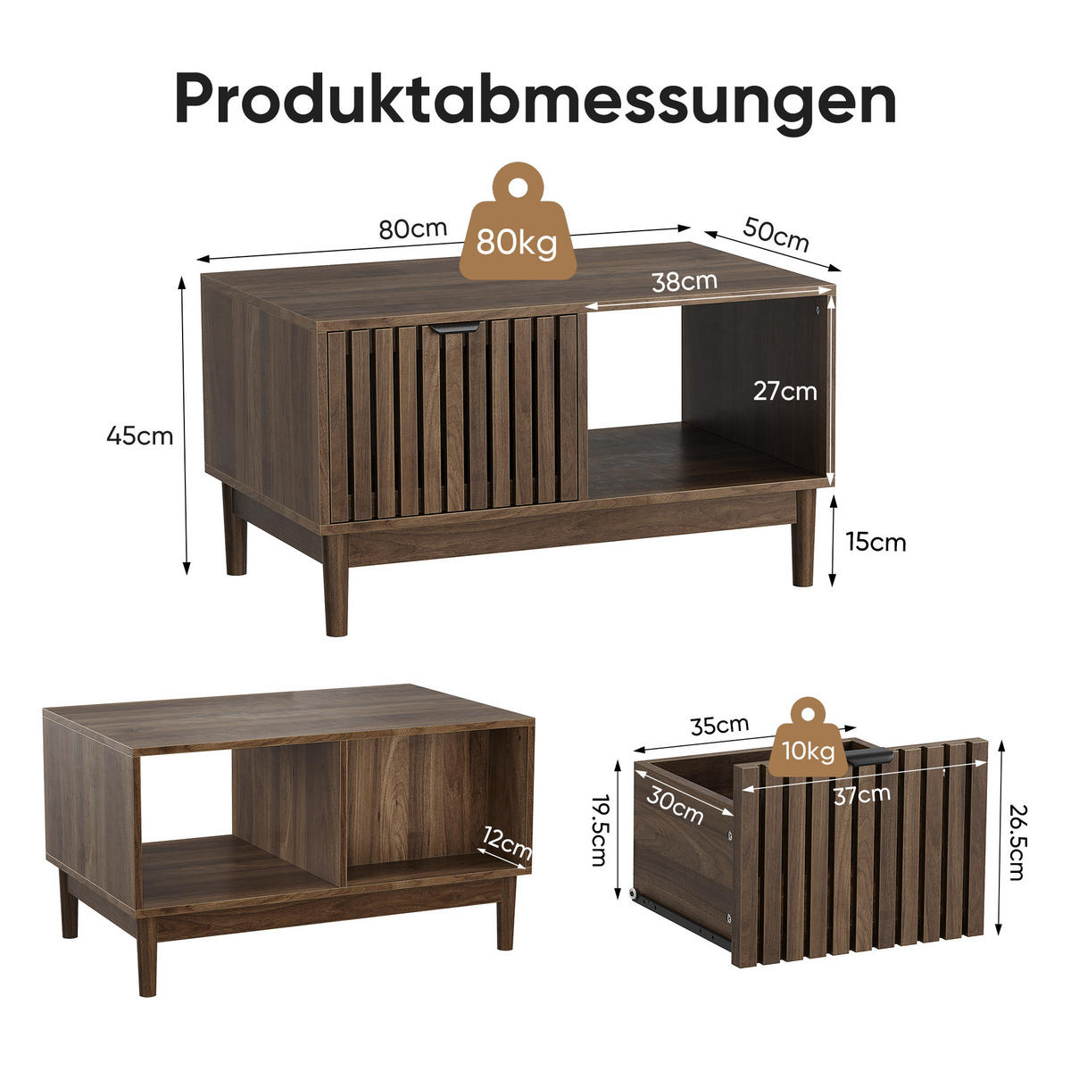 COUCHTISCH holzoptik & gitter-design mit schublade & offenen fächern - Walnussfarben, Holzwerkstoff (50/80/45cm) - Urban Meuble