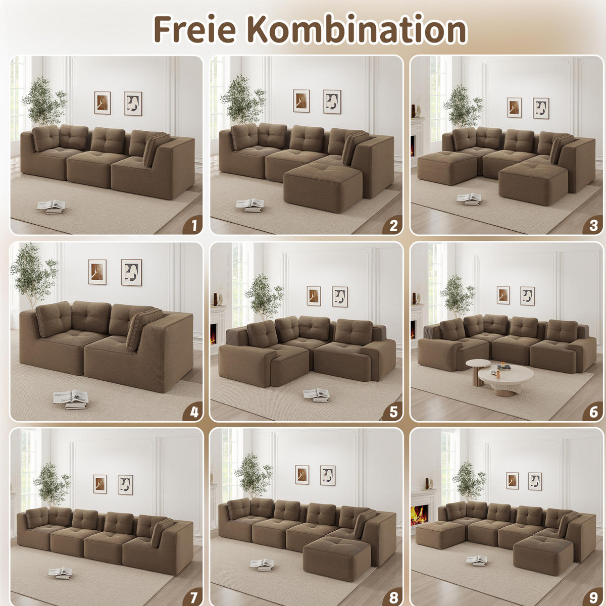 ECKSOFA 208/177/69 cm braun aus Cord mit modularem Design und rutschfestem Standfuß - Braun, Textil (104/177cm) - OKWISH