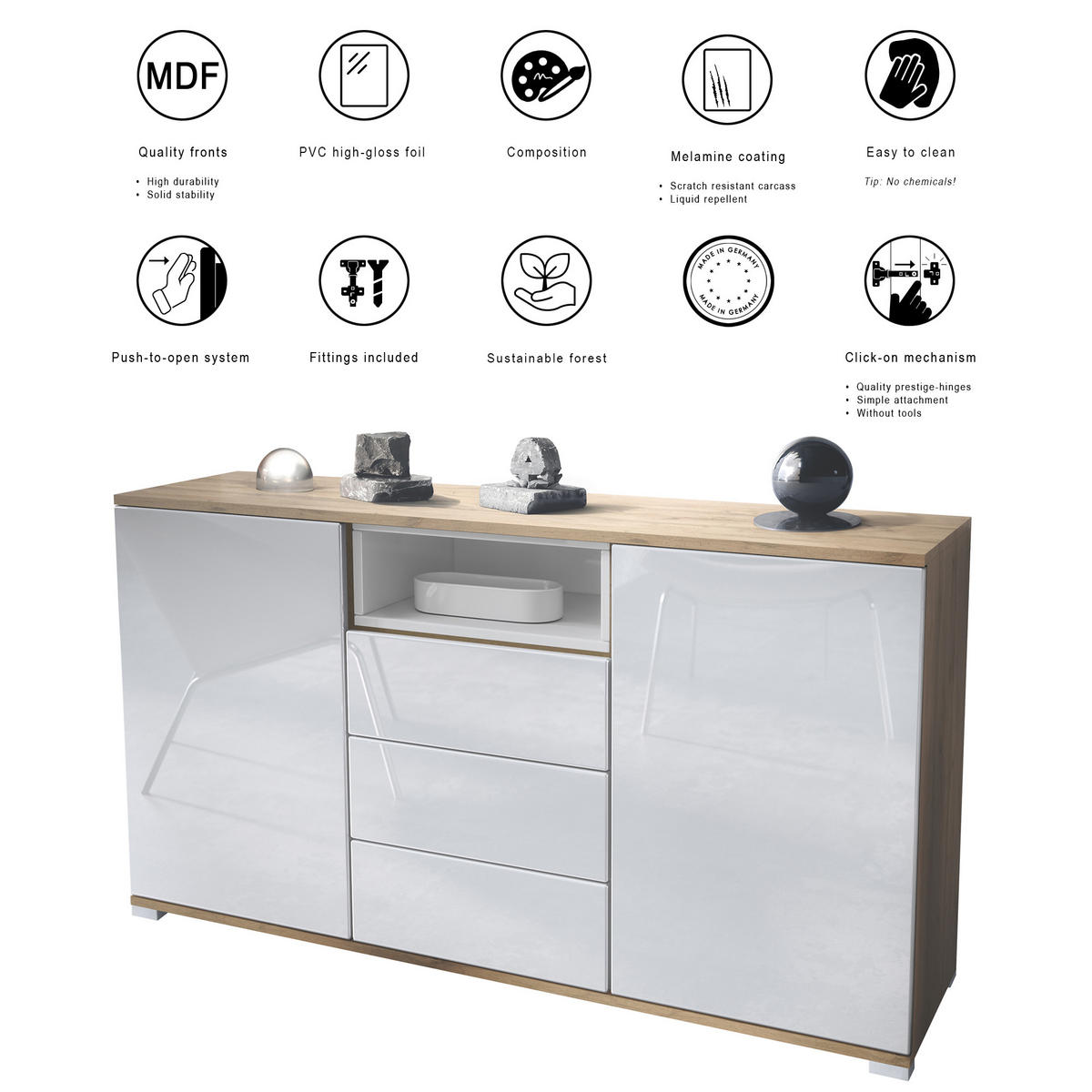 SIDEBOARD Skadu Schwarz Hochglanz - Schwarz Hochglanz, Holzwerkstoff (138.5/75.5/35cm) - Vladon