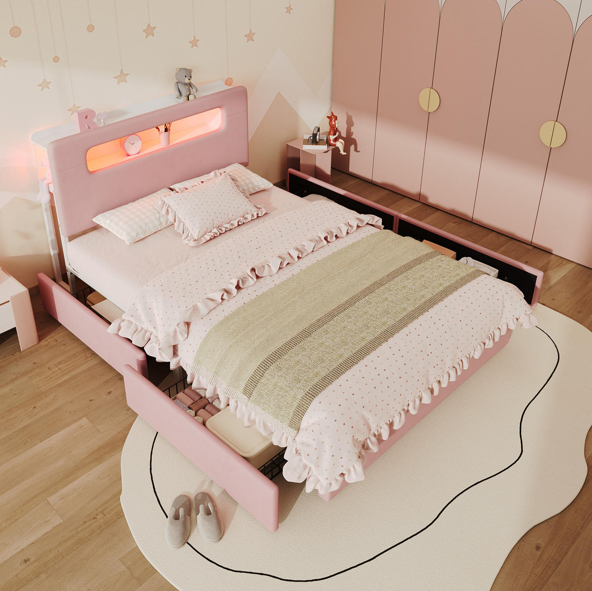 KINDER-POLSTERBETT Samt 140x200 cm Rosa mit 4 Schubladen, LED-Beleuchtung und offenem Kopfteil - Pink, Textil (140/200cm) - Modfu