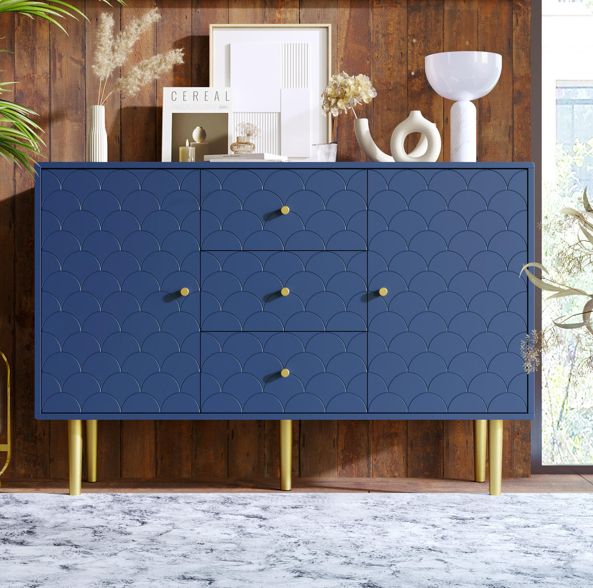 KOMMODE 120/40/83 cm in Marineblau mit 2 Türen, 3 Schubladen und Metallbeinen - Dunkelblau, Metall (120/83/40cm) - Flora Grace