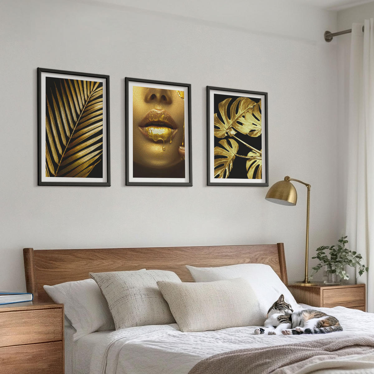WANDBILDER 3er-Set - 40x60 cm Schwarzer Rahmen - Mund einer Frau mit Monstera-Palme - Schwarz, Kunststoff (40/60cm) - ArtPrintCave