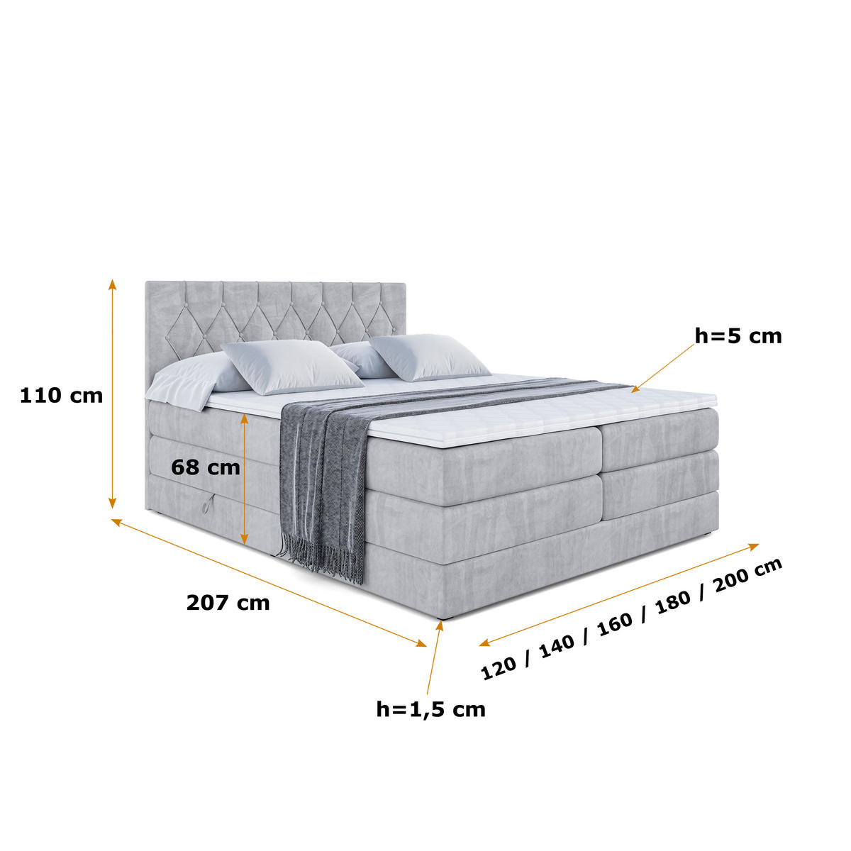 BOXSPRINGBETT VELANTO-BZ KING - 120 x 200 - H3/H4 - Hellgrau - Hellgrau, Holzwerkstoff (120/200cm) - ALTDECOR