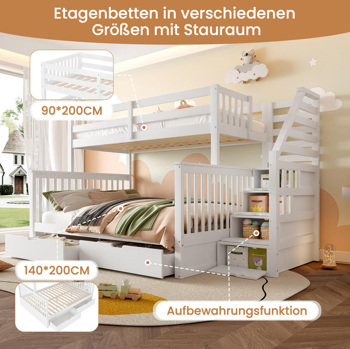 ETAGENBETT 90/200 über 140/200 cm in Weiß mit Schubladen und Stauraum - Weiß, Holzwerkstoff (90/200cm) - OKMYHOME
