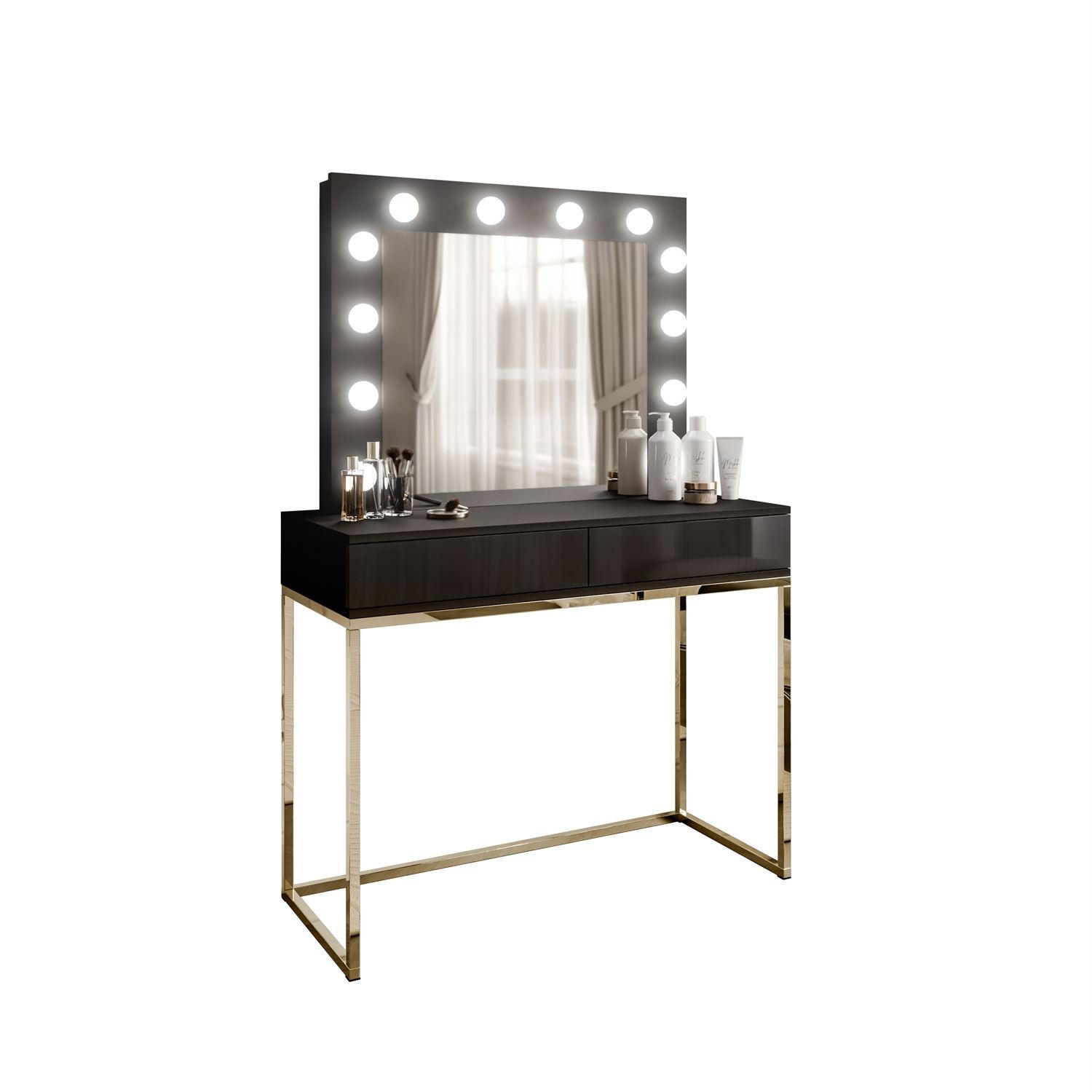 SCHMINKTISCH BLANCO mit Spiegel und Beleuchtung Gold Chrom Schwarz Hochglanz PUSH OPEN - Schwarz Hochglanz/Goldfarben, Holzwerkstoff (100/146/42cm) - Lookway