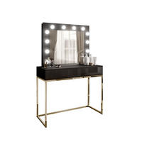 SCHMINKTISCH BLANCO mit Spiegel und Beleuchtung Gold Chrom Schwarz Hochglanz PUSH OPEN - Schwarz Hochglanz/Goldfarben, Holzwerkstoff (100/146/42cm) - Lookway