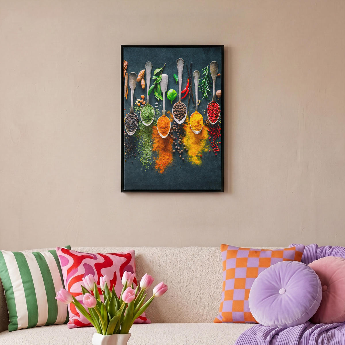 LEINWAND Bilder mit Rahmen - Kräuter - Gewürze - Löffel - 40x60 - Currygelb, Textil (40/60cm) - MuchoWow